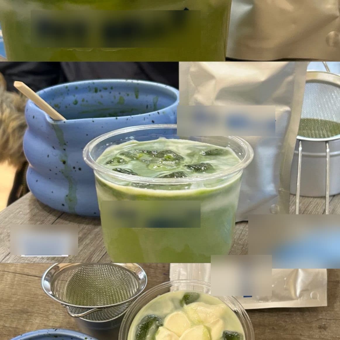 A four-up collage of a branded cup, an iced matcha, a pouch, a matcha sieve and a blue speckled ceramic bowl.